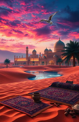 A captivating scene inspired by the rich culture of Arabian Nights, featuring an enchanting desert landscape adorned with golden sands under a vibrant twilight sky