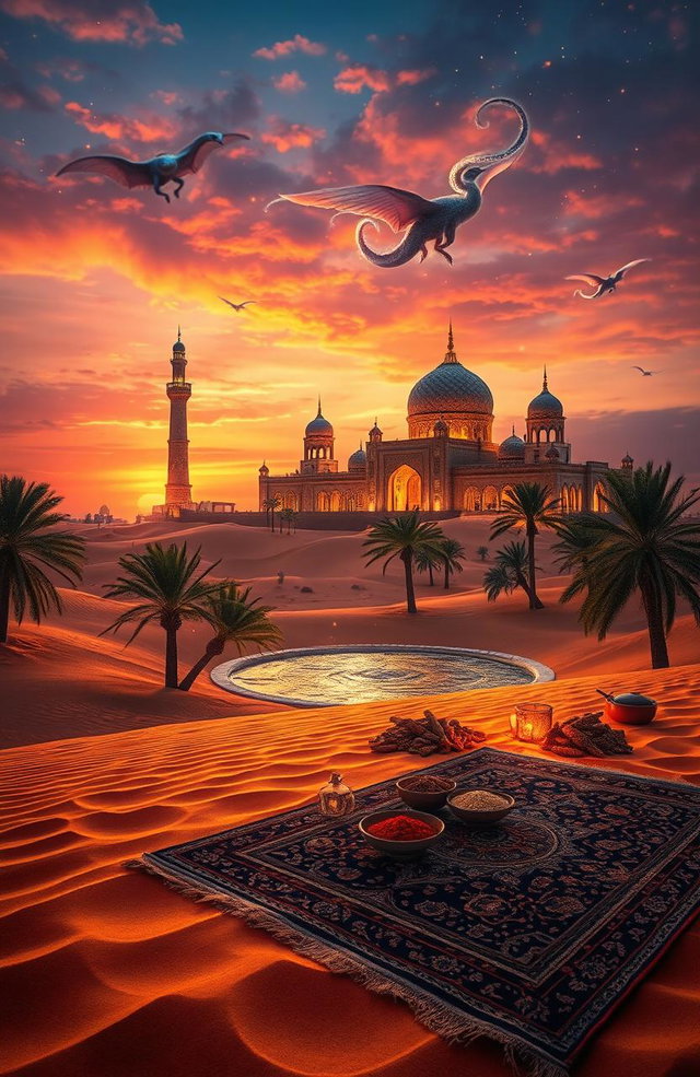 A captivating scene inspired by the rich culture of Arabian Nights, featuring an enchanting desert landscape adorned with golden sands under a vibrant twilight sky