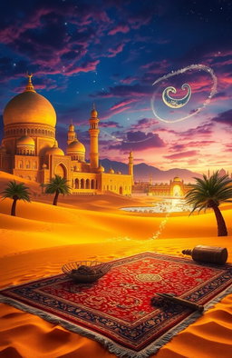 A captivating scene inspired by the rich culture of Arabian Nights, featuring an enchanting desert landscape adorned with golden sands under a vibrant twilight sky