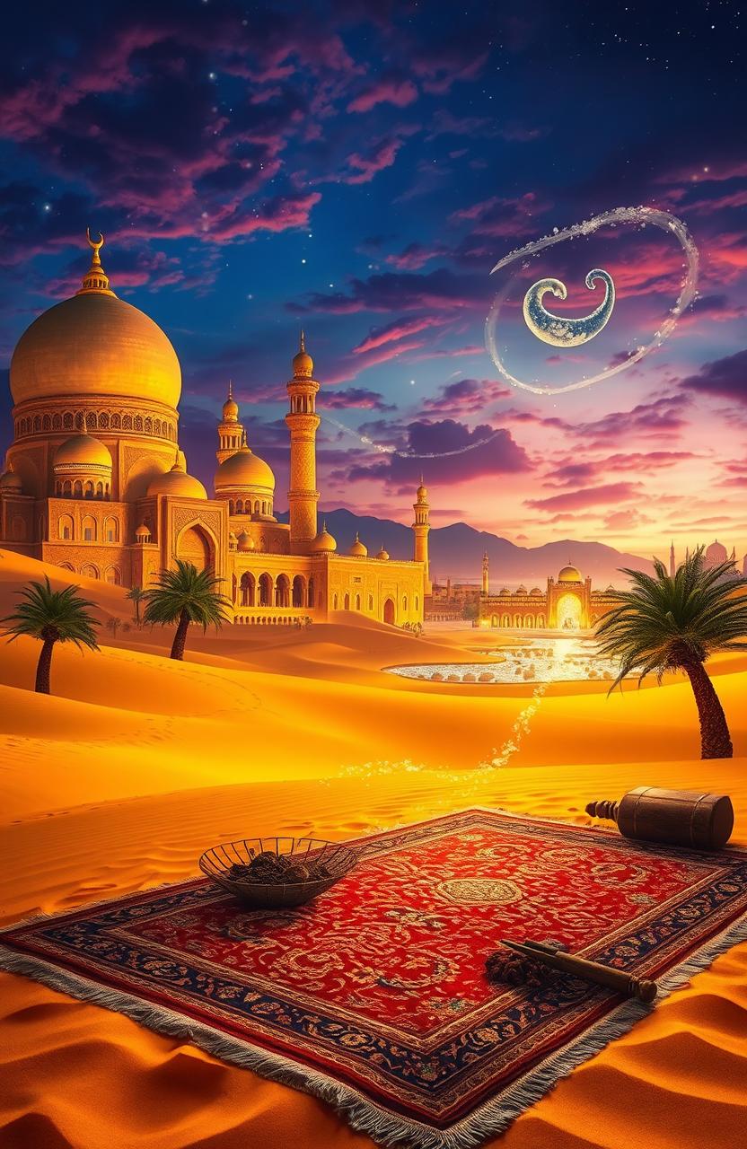 A captivating scene inspired by the rich culture of Arabian Nights, featuring an enchanting desert landscape adorned with golden sands under a vibrant twilight sky