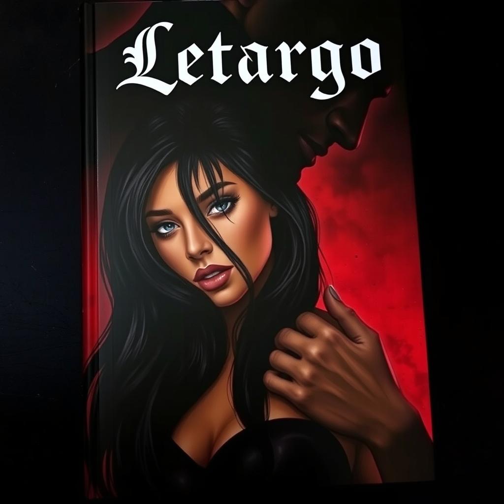 A captivating book cover featuring a woman with long, flowing black hair and striking black eyes, having a light brown complexion