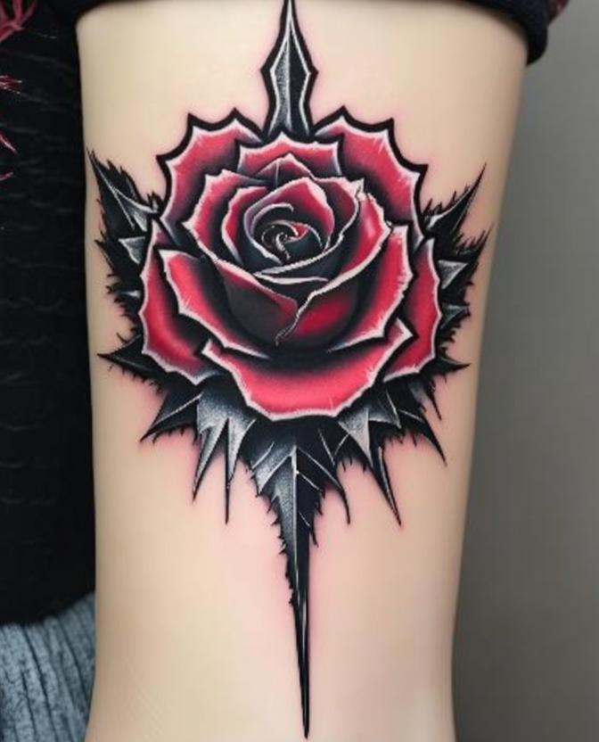 A striking black and grey tattoo design featuring a vibrant red rose with intricate shading and sharp black thorns