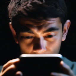 Close-up view of an individual engrossed in their iPhone, their face subtly lit by the screen's light amidst the quiet darkness of night.