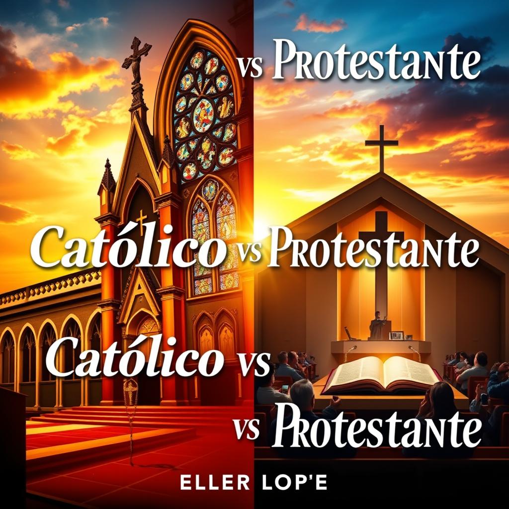 A vibrant and thought-provoking book cover for 'Católico vs Protestante' by Elder Lopez