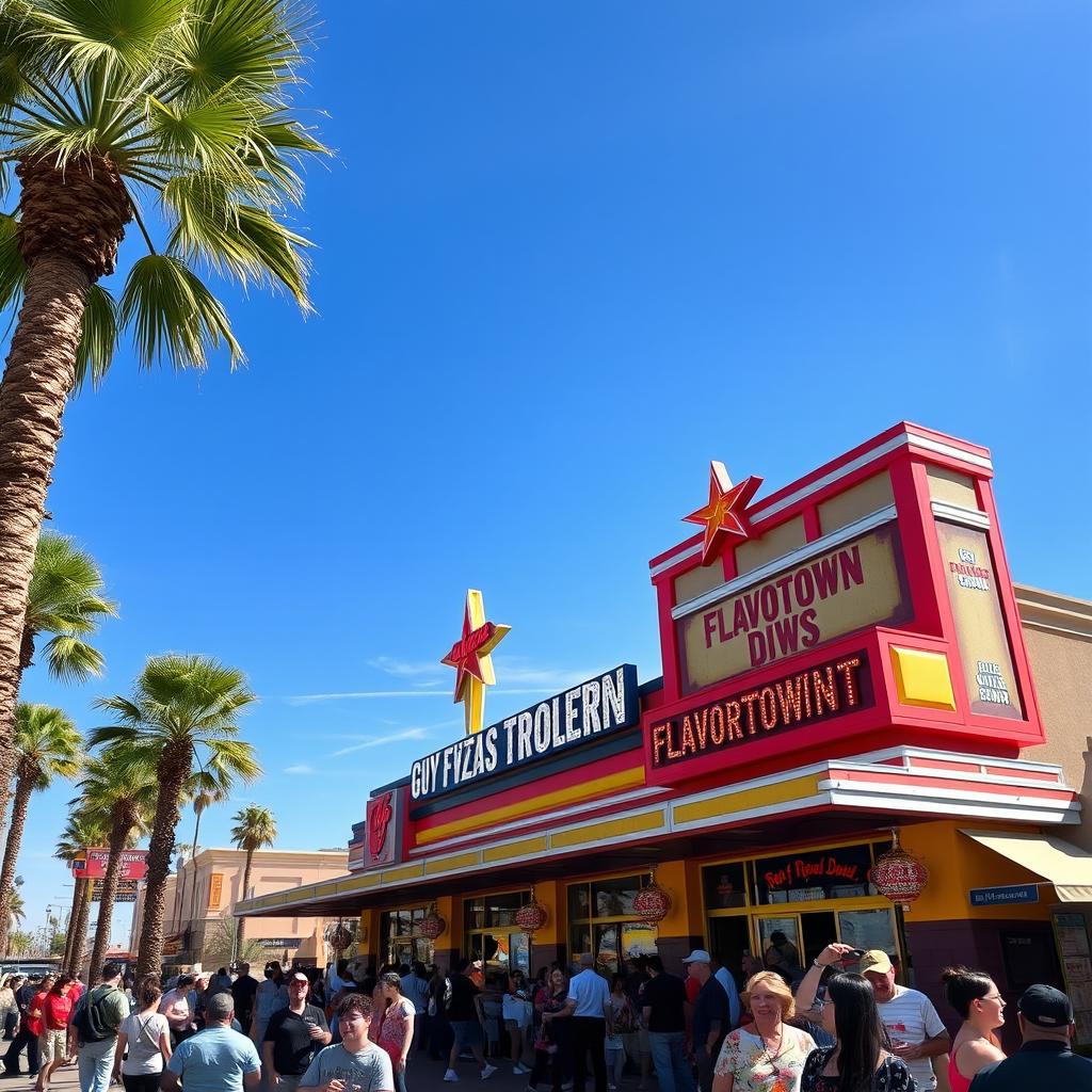 A vibrant and eye-catching exterior of Guy Fieri's Flavortown Restaurant located in Las Vegas, showcasing a lively and colorful facade adorned with neon signs and a retro diner aesthetic