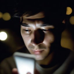 Close-up view of an individual engrossed in their iPhone, their face subtly lit by the screen's light amidst the quiet darkness of night.