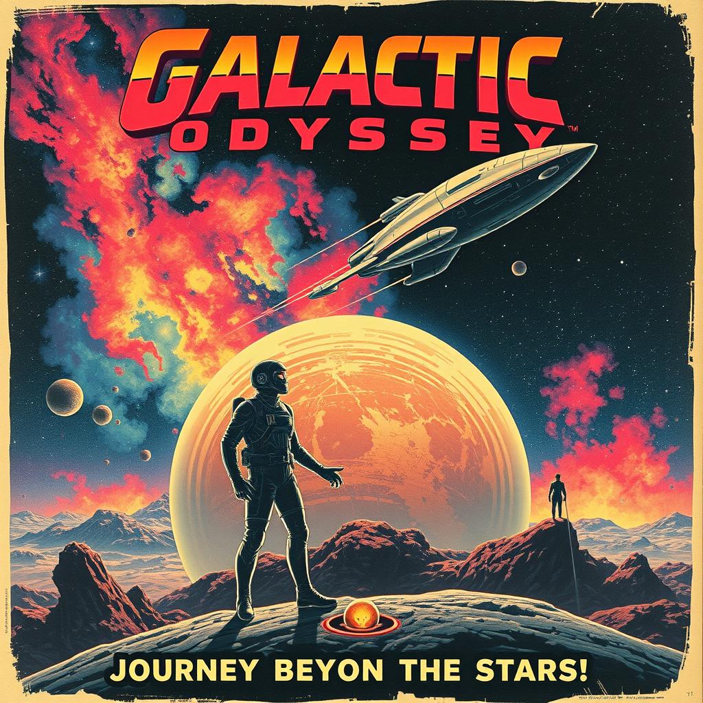 A vintage-style movie poster featuring an epic science fiction scene