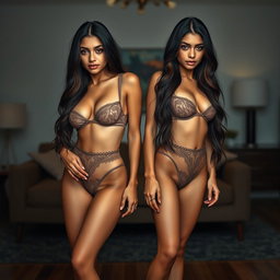 Gorgeous young twin sisters, one aged 18 and the other 19, embodying stunning beauty with their tan Latina Arabic skin and long, flowing brunette hair