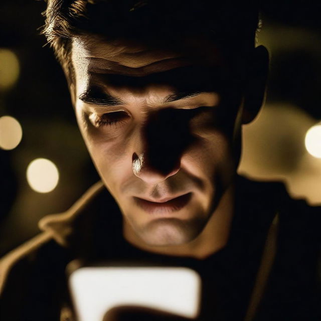 Close-up view of an individual engrossed in their iPhone, their face subtly lit by the screen's light amidst the quiet darkness of night.