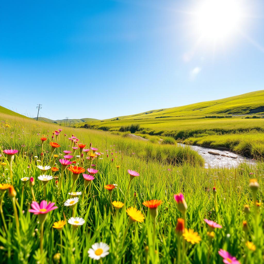 A bright and colorful outdoor scene, showcasing a beautiful landscape with vibrant flowers in full bloom under a clear blue sky