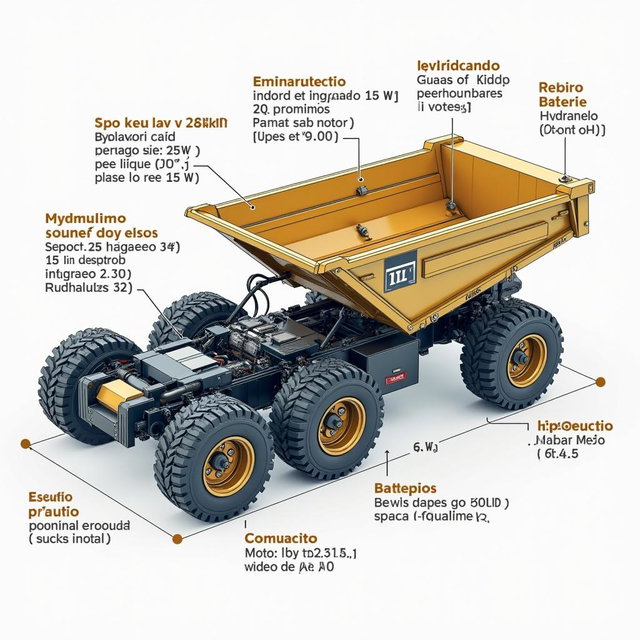A detailed and colorful technical schematic of an electric dump truck with a 15 cubic meter capacity, featuring a robust chassis with supports for batteries and a hydraulic system