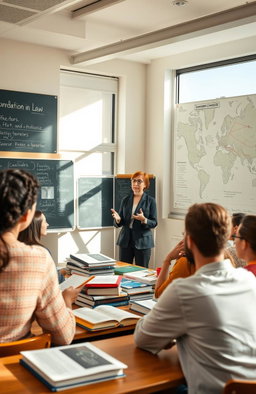 An engaging classroom setting showcasing a diverse group of university students attentively listening to a professor discussing foundational concepts in law