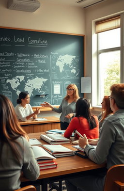 An engaging classroom setting showcasing a diverse group of university students attentively listening to a professor discussing foundational concepts in law