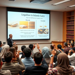 An educational seminar setting featuring a diverse group of law students deeply engaged in a discussion contrasting general law and Islamic law