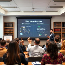 An educational seminar setting featuring a diverse group of law students deeply engaged in a discussion contrasting general law and Islamic law