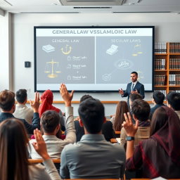 An educational seminar setting featuring a diverse group of law students deeply engaged in a discussion contrasting general law and Islamic law