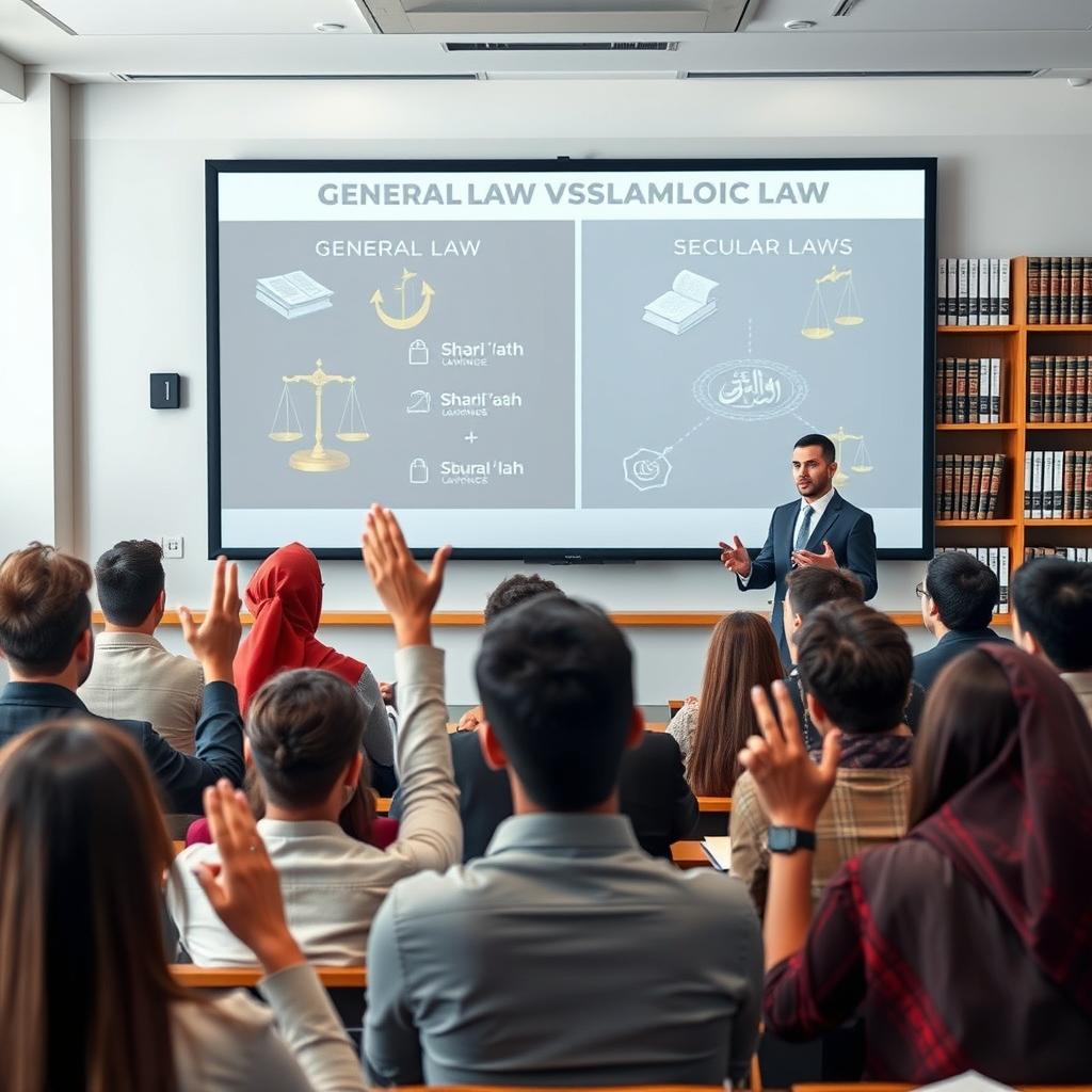 An educational seminar setting featuring a diverse group of law students deeply engaged in a discussion contrasting general law and Islamic law