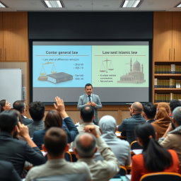 An educational seminar setting featuring a diverse group of law students deeply engaged in a discussion contrasting general law and Islamic law