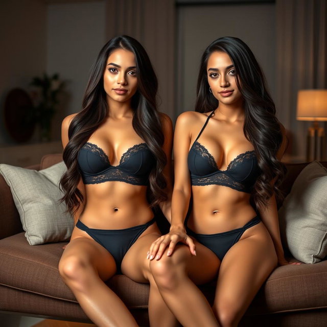 Gorgeous identical twin sisters, one aged 18 and the other 19, displaying stunning beauty with their tan Latina Arabic skin and long, flowing brunette hair