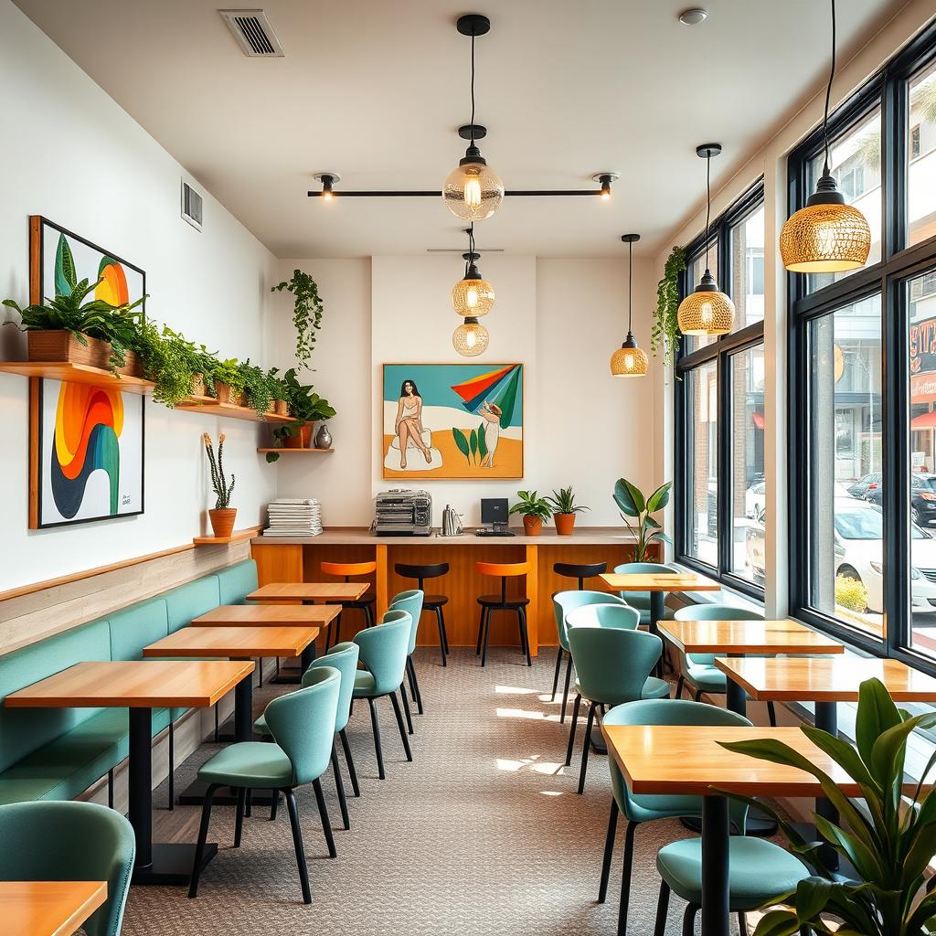 A small, functional, and attractive café-restaurant designed for busy morning commuters and nearby shop workers