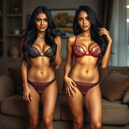 Gorgeous identical twin sisters, one aged 18 and the other 19, radiating beauty with their tan Latina Arabic skin and long, flowing brunette hair