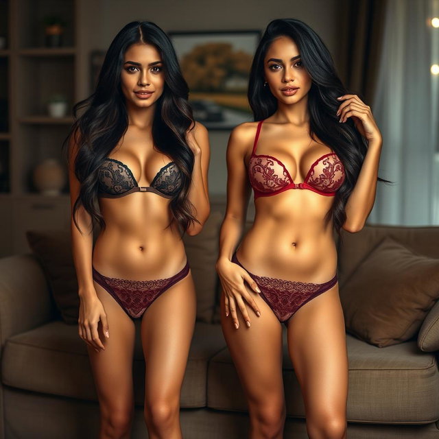 Gorgeous identical twin sisters, one aged 18 and the other 19, radiating beauty with their tan Latina Arabic skin and long, flowing brunette hair