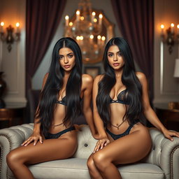 Gorgeous identical twin sisters, one aged 18 and the other 19, exuding beauty with their tan Latina Arabic skin and long, flowing brunette hair