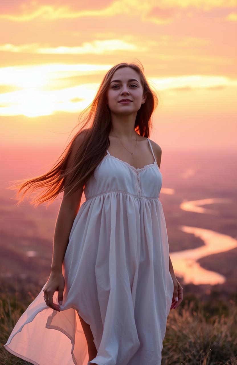 A young woman experiencing a coming of age moment, standing on a hilltop at sunset, symbolizing freedom and new beginnings