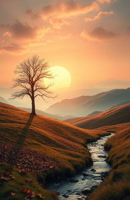 A serene landscape illustrating the themes of homeland, nature, and the transience of life, featuring a beautiful sunset over rolling hills with a lone tree reflecting the passage of time