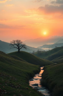 A serene landscape illustrating the themes of homeland, nature, and the transience of life, featuring a beautiful sunset over rolling hills with a lone tree reflecting the passage of time