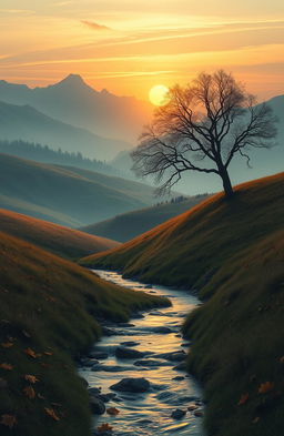 A serene landscape illustrating the themes of homeland, nature, and the transience of life, featuring a beautiful sunset over rolling hills with a lone tree reflecting the passage of time