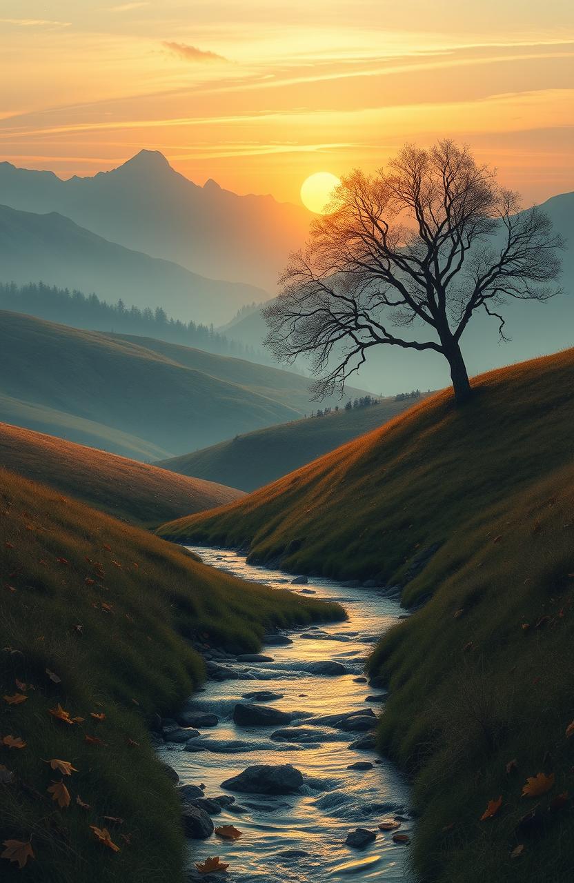 A serene landscape illustrating the themes of homeland, nature, and the transience of life, featuring a beautiful sunset over rolling hills with a lone tree reflecting the passage of time