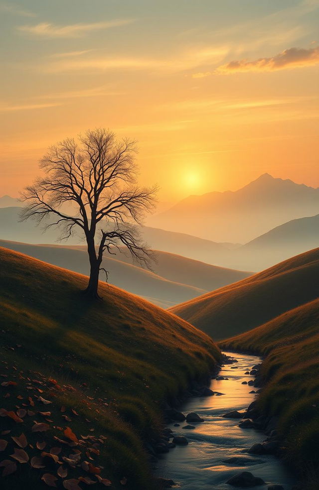 A serene landscape illustrating the themes of homeland, nature, and the transience of life, featuring a beautiful sunset over rolling hills with a lone tree reflecting the passage of time