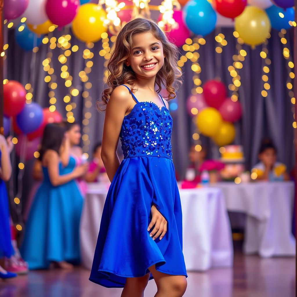 A vibrant scene of a girl wearing a stylish party dress, surrounded by a lively atmosphere