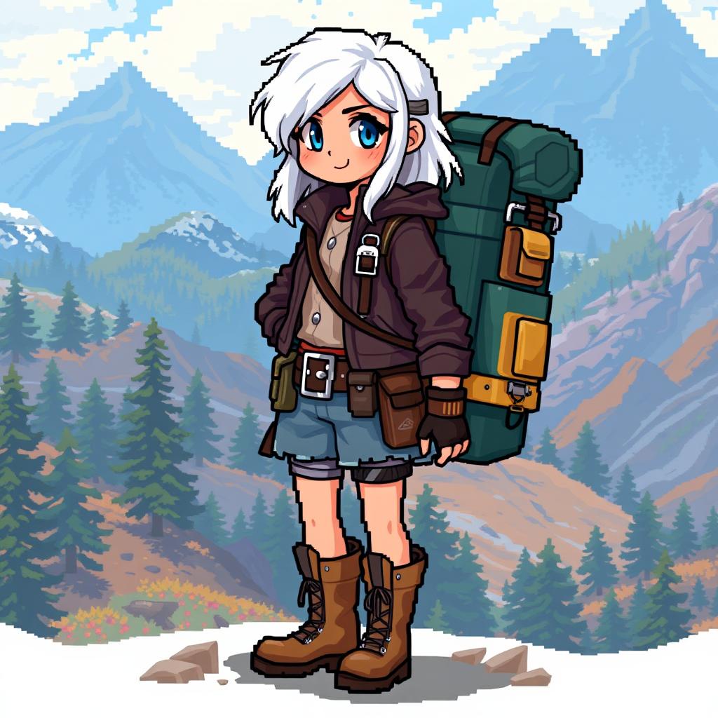 A girl with white hair in a vibrant pixel art style, wearing adventurous clothing including a rugged leather jacket, a utility belt packed with gear, and sturdy boots