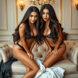 Gorgeous twin sisters, one aged 18 and the other 19, presenting a striking appearance with their tan Latina Arabic skin and long, flowing brunette hair