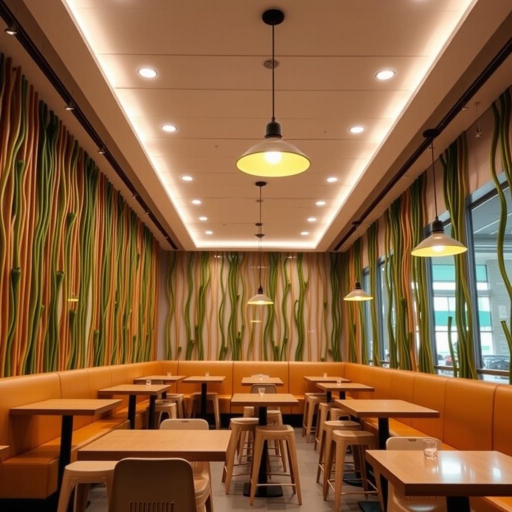 A modern rectangular restaurant-cafeteria featuring vertical decoration