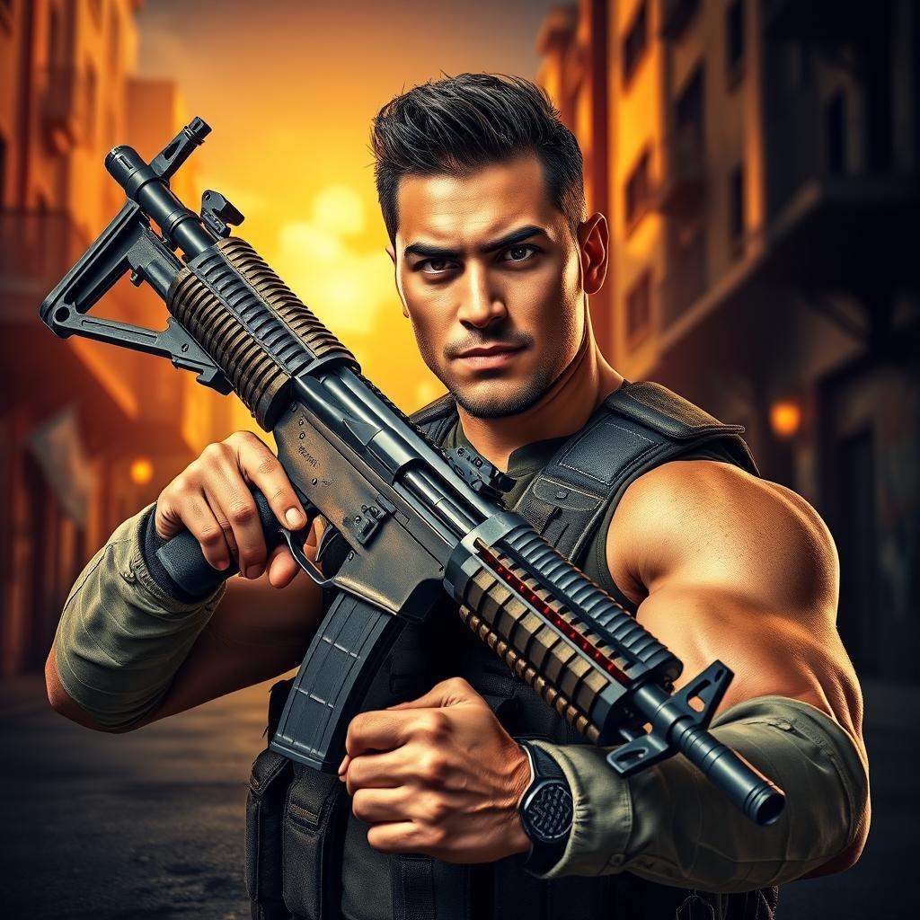 A strong, confident individual holding an AK-47 rifle in a dynamic pose