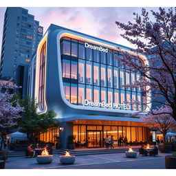 A stunning architectural design of the DreamBed Hotel building located in Japan, showcasing a modern and futuristic structure with sleek lines and large glass windows