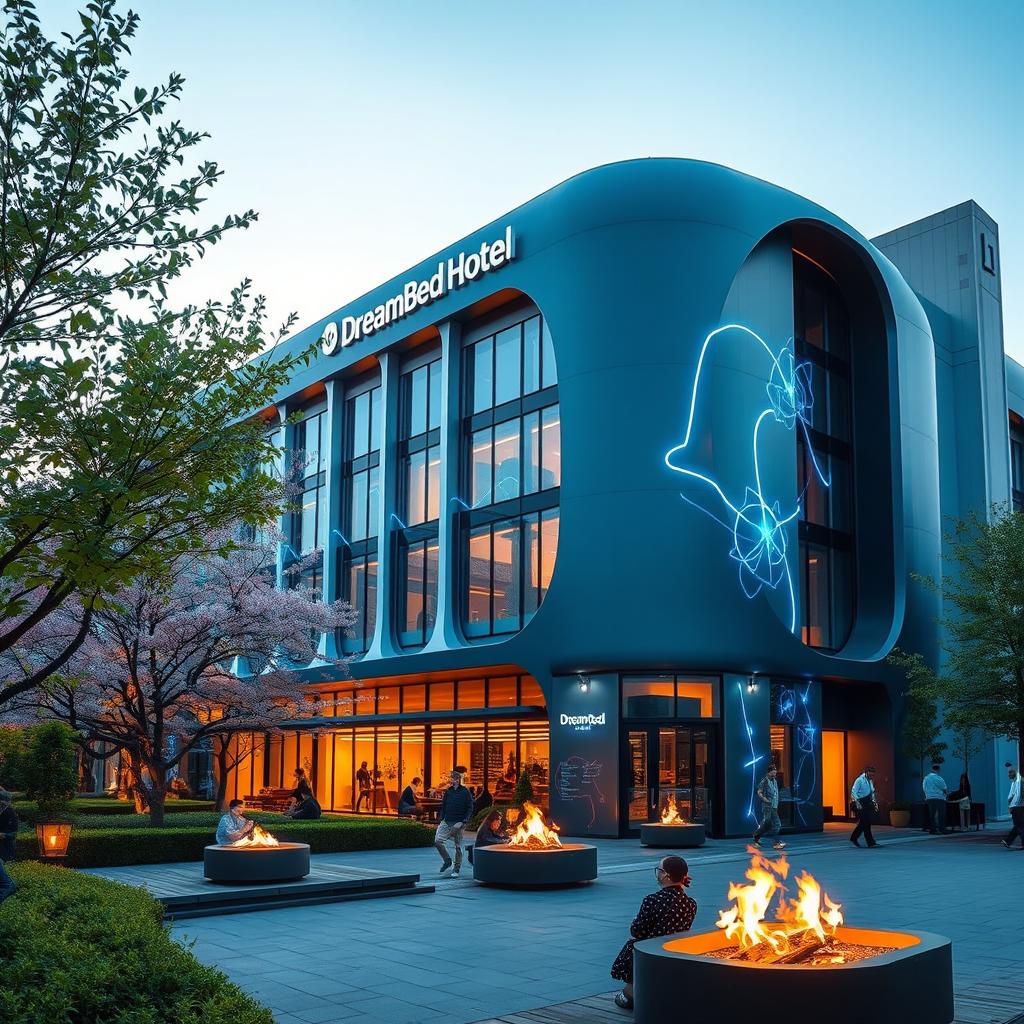 A stunning architectural design of the DreamBed Hotel building located in Japan, showcasing a modern and futuristic structure with sleek lines and large glass windows