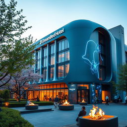 A stunning architectural design of the DreamBed Hotel building located in Japan, showcasing a modern and futuristic structure with sleek lines and large glass windows