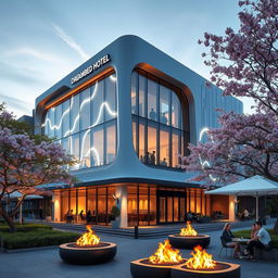 A stunning architectural design of the DreamBed Hotel building located in Japan, showcasing a modern and futuristic structure with sleek lines and large glass windows