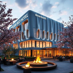 A stunning architectural design of the DreamBed Hotel building located in Japan, showcasing a modern and futuristic structure with sleek lines and large glass windows