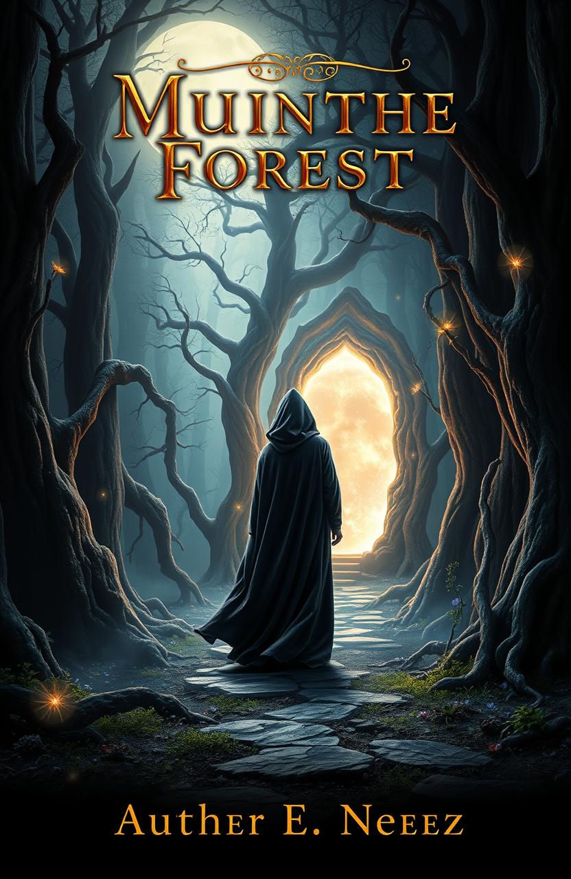 A captivating book cover for a fiction novel, featuring a mysterious and enchanted forest bathed in moonlight