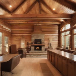 An administration building at a retreat camp showcasing two offices, three bedrooms, one kitchen, a large dining area designed for 80 persons, and a cozy gathering area highlighted by a warm, inviting fireplace.