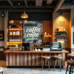 A modern service counter made of wood or metal, featuring a backdrop wall with a vibrant mural, motivational quotes, or vinyl art