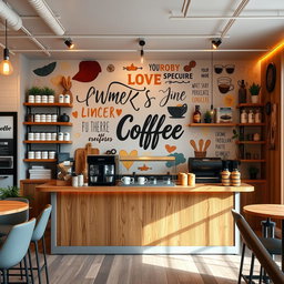 A modern service counter made of wood or metal, featuring a backdrop wall with a vibrant mural, motivational quotes, or vinyl art