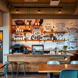 A modern service counter made of wood or metal, featuring a backdrop wall with a vibrant mural, motivational quotes, or vinyl art