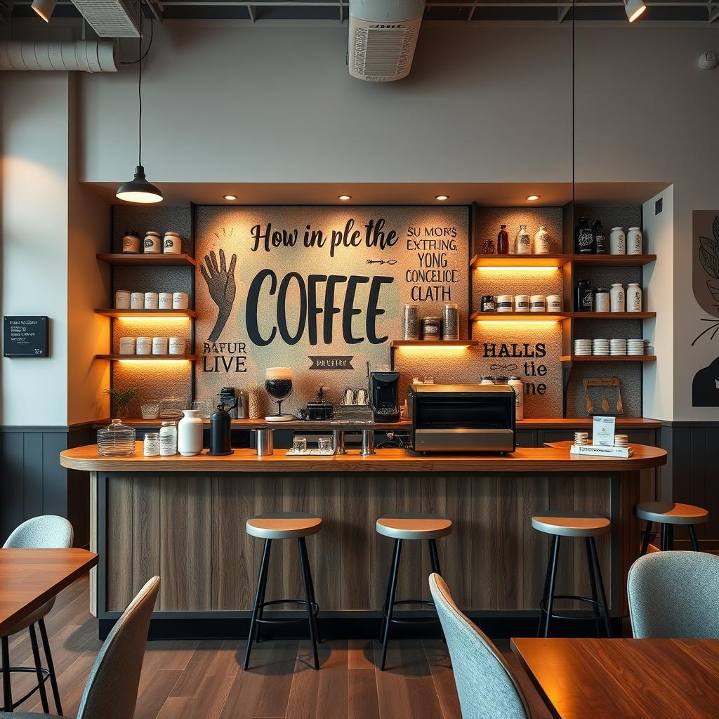 A modern service counter made of wood or metal, featuring a backdrop wall with a vibrant mural, motivational quotes, or vinyl art