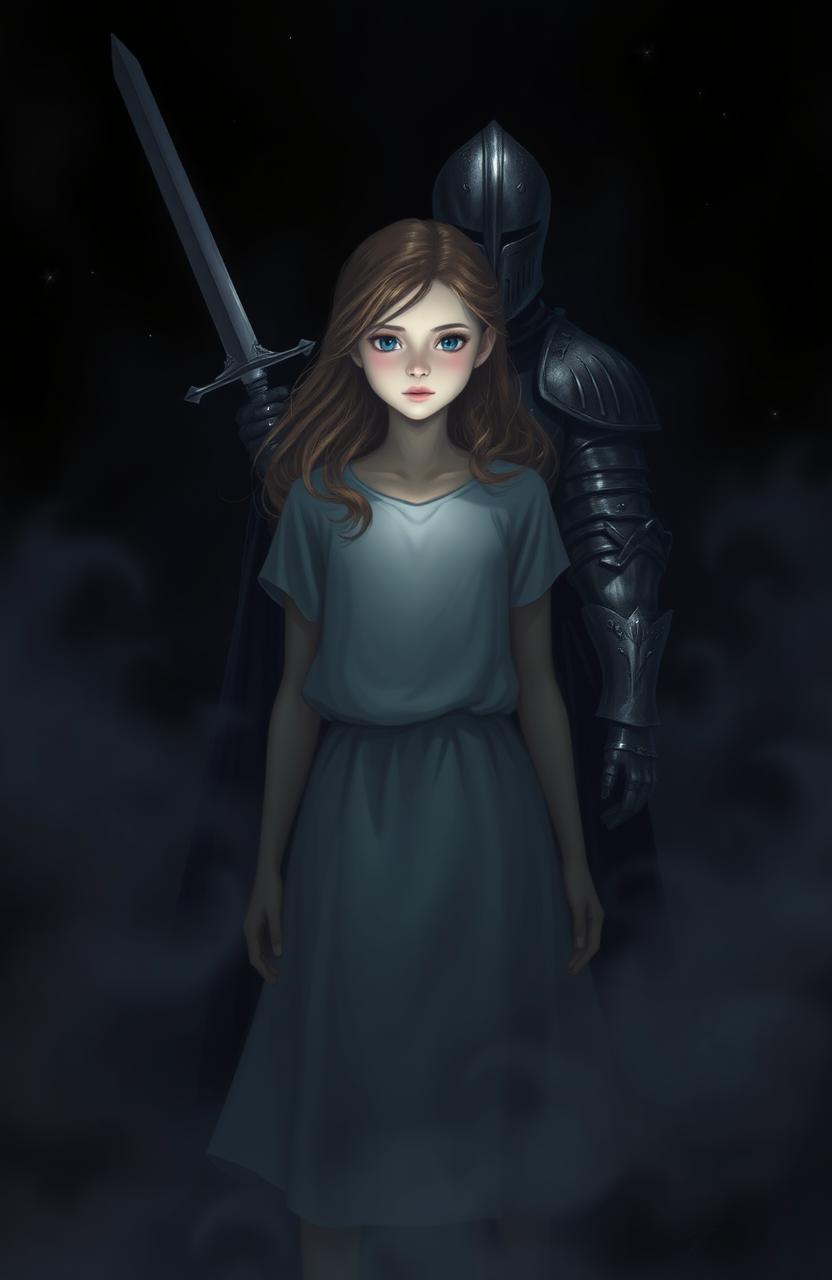 A girl standing bravely in a dark, shadowy environment, her face illuminated by a soft, ethereal light, showcasing her determination and strength
